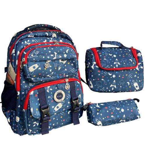 3'lü Mavi Kırmızı Desenli Okul Sırt Çanta