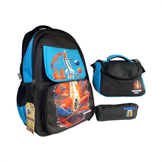 3'lü Mavi Siyah Desenli Okul Sırt Çanta