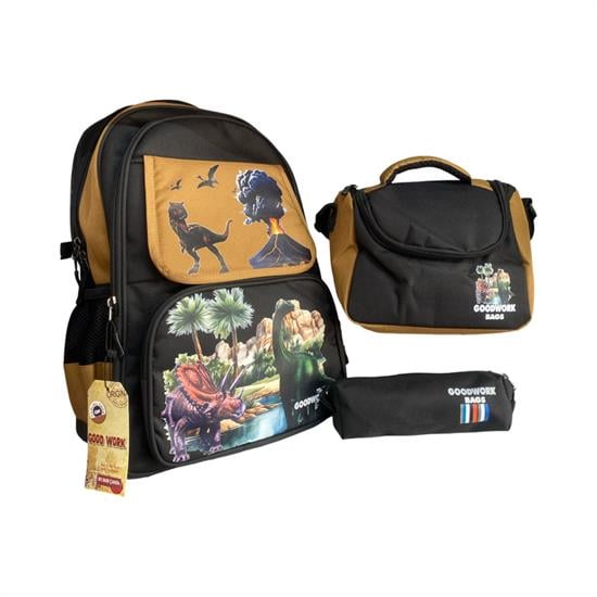 3'lü Set Siyah Kahverengi Desenli Sırt Çanta