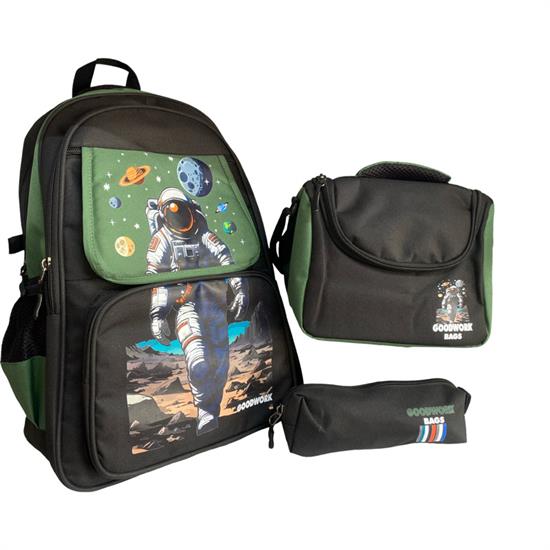 3'lü Set Siyah Yeşil Sırt Çanta