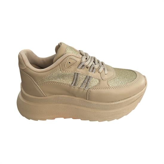 Bej Yüksek Taban Ciltli Taşlı Kadın Spor