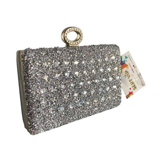 Beyaz Gümüş Gold Saplı Abiye Çanta