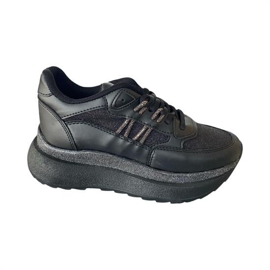 Siyah Anorok Yüksek Taban Taşlı Kadın Spor