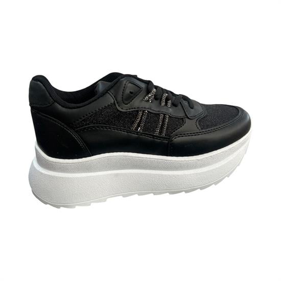 Siyah Beyaz Taşlı Yüksek Taban Kadın Spor