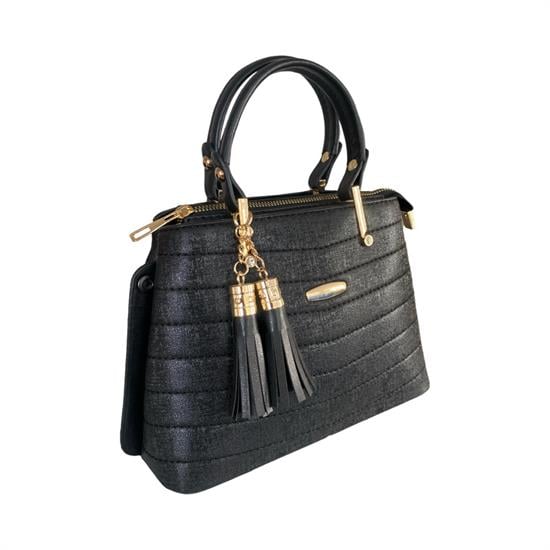 Siyah Gold Çizgi Desenli Kadın Çanta