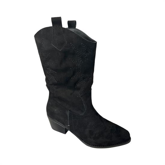 Siyah Süet Kovboy Topuklu Kadın Kısa Topuklu Cizme